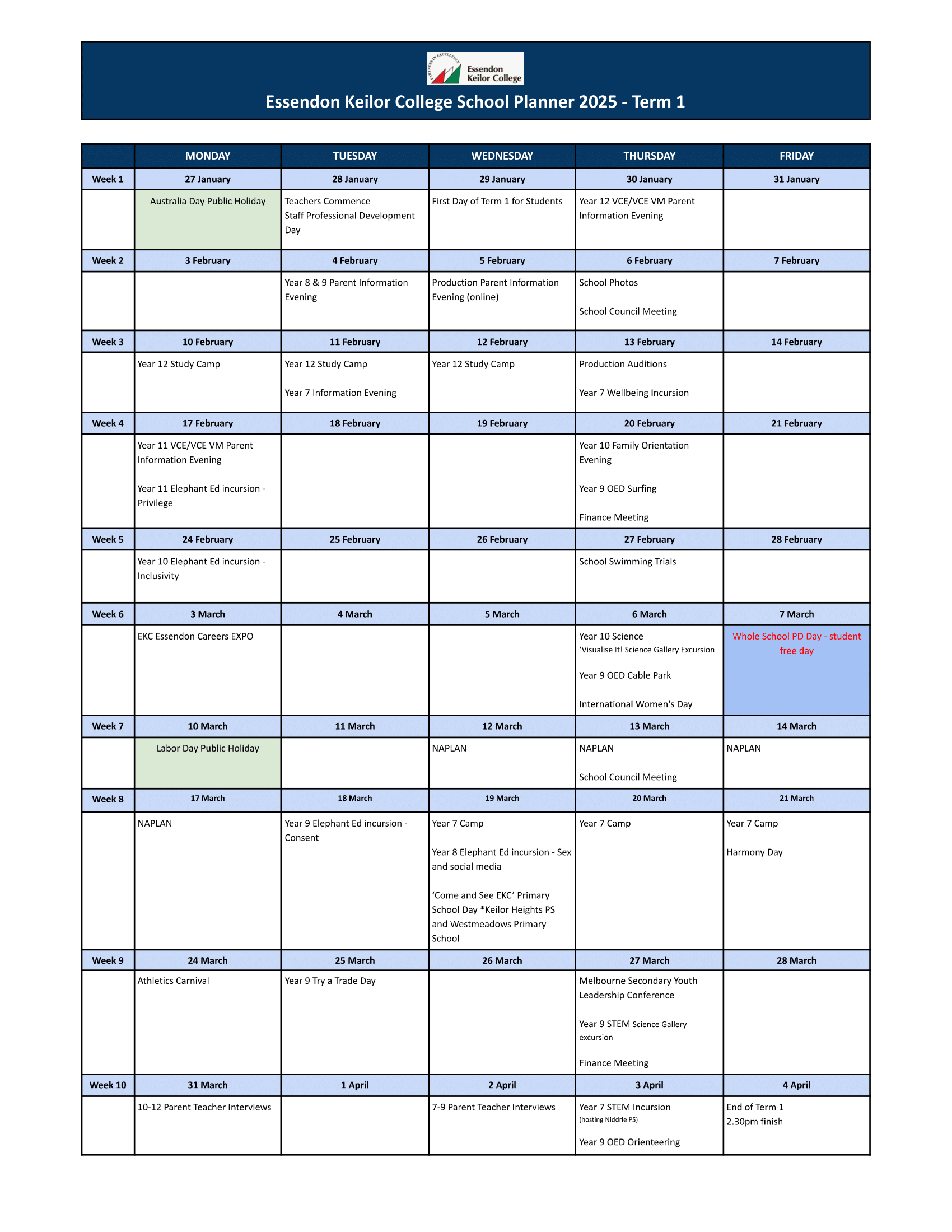 Term 1 2025 College Planner